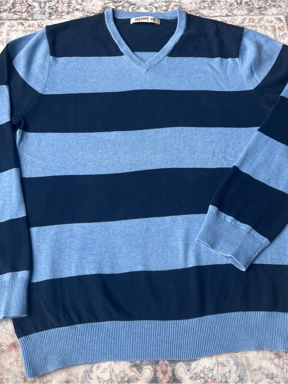 Old Navy Men’s V-Neck Wide Blue Stripe Sweater